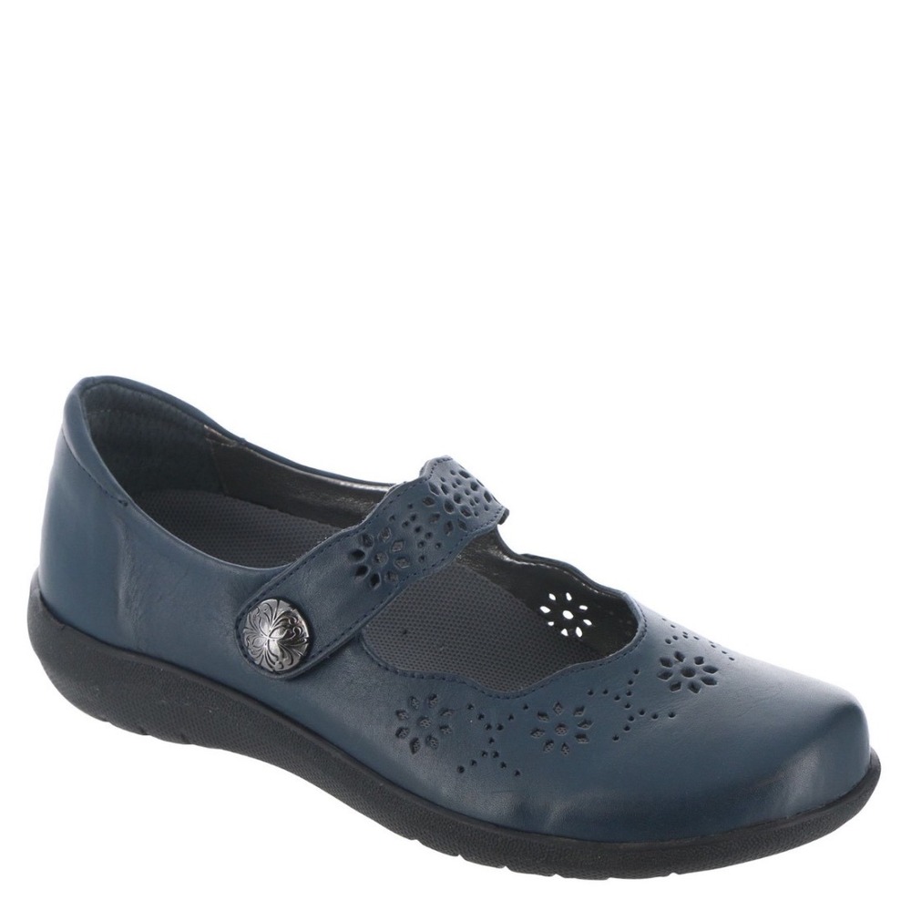 David Tate Bev Navy Blue Leather Laser Cut Mary Jane Flats Women's Size 6M